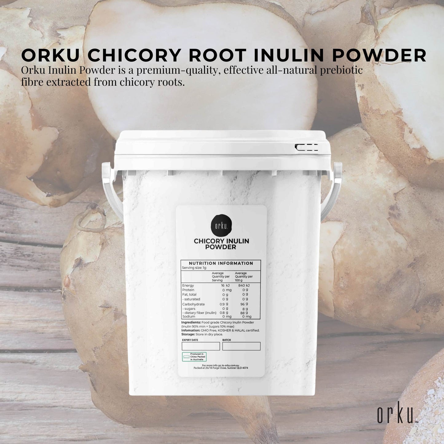 Orku 800g Chicory Root Inulin Powder Bucket - Prebiotic Unflavoured Supplement